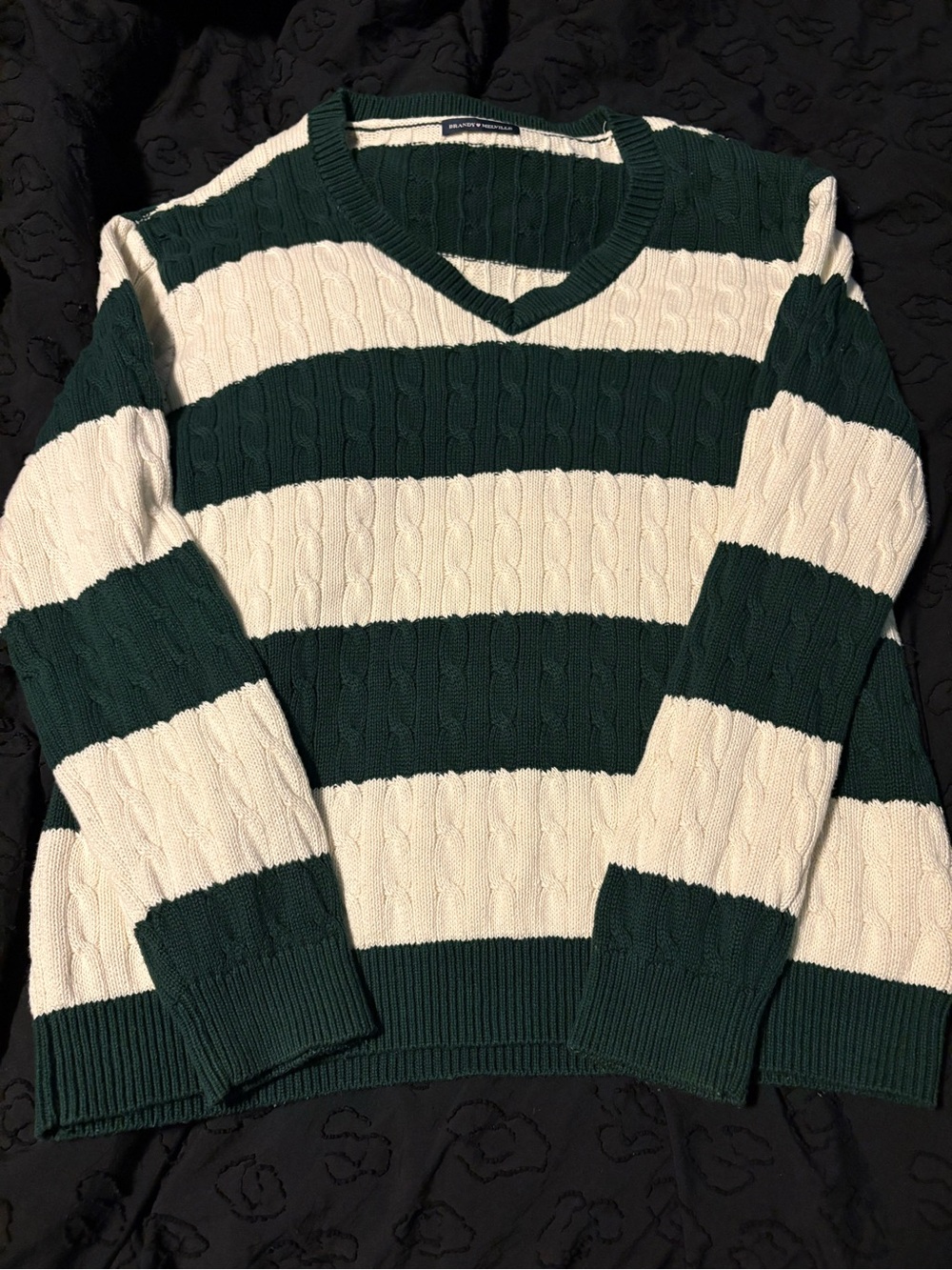 Brandy melville Cable-Knit V-Neck Striped Sweater - Green & white